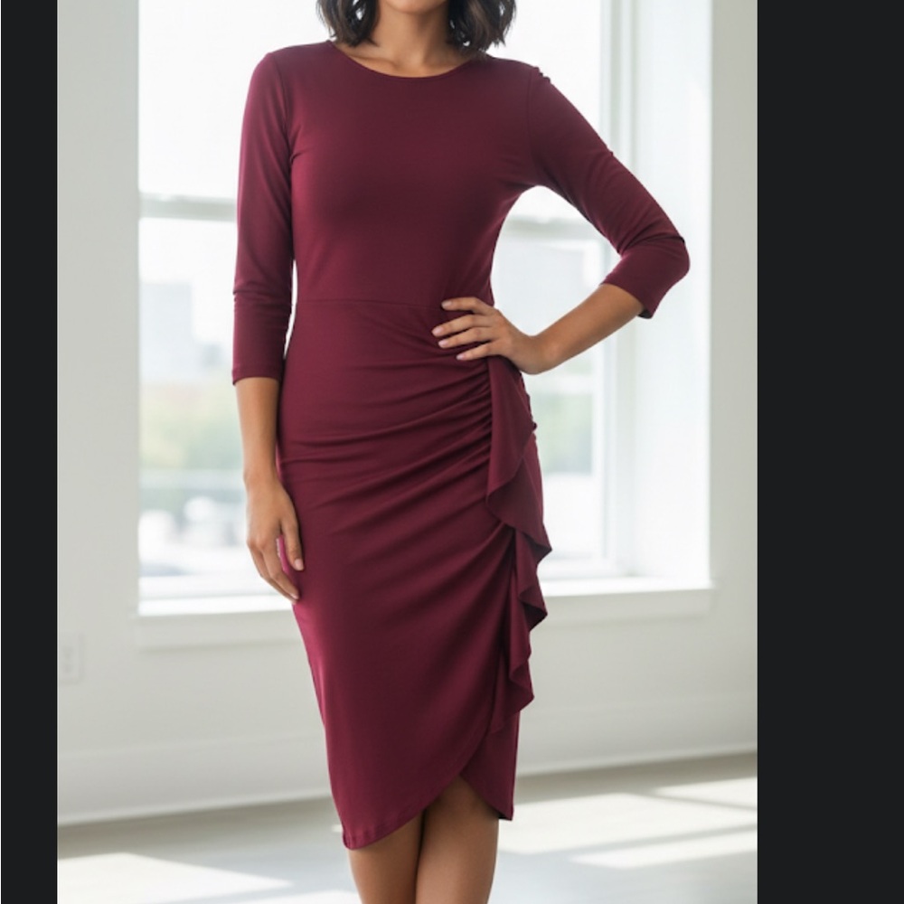 Burgundy Ruched Faux Wrap Sheath Dress | 3/4 Sleeve Side Ruffle Midi M